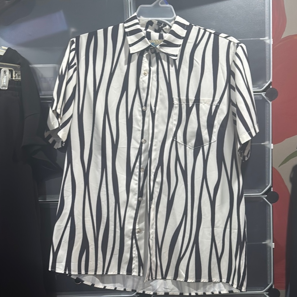 Black and White Casual Button Down Shirt with Bold Stripes